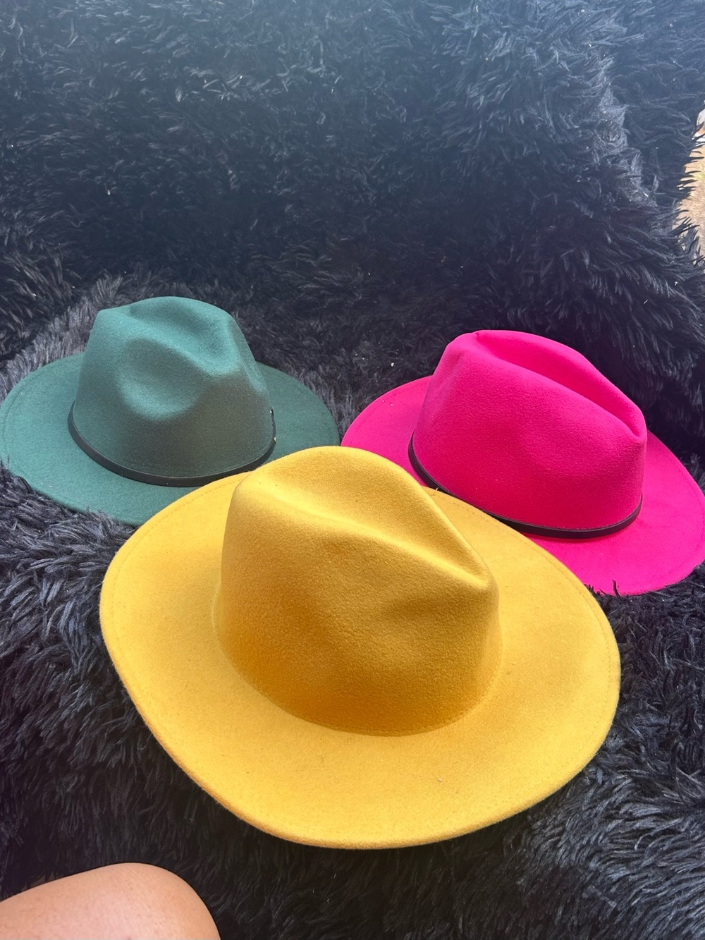Three Wide-Brim Felt Fedora Hats - Mustard, Forest Green, Hot Pink and black
